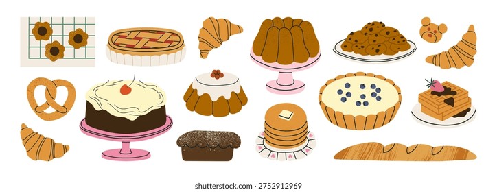 A set of vector illustrations depicting a variety of baked goods—cakes, pies, cookies, pancakes, bread etc. For bakery branding, dessert shop menus, recipe blogs or food festival promotional materials