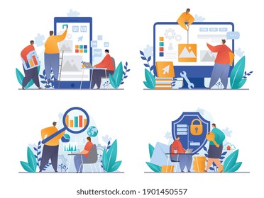 A set of vector illustrations depicting the work of a team of web developers, programmers and designers. Set of flat cartoon vector illustrations isolated on white background