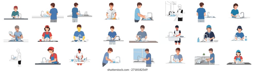 Set of vector illustrations depicting young men and teenagers performing the household chore of washing dishes in the kitchen sink.