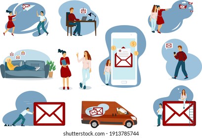 Un conjunto de ilustraciones vectoriales representa el envío y recepción de mensajes, cartas, correos por teléfono, laptop. Correspondencia de trabajo. Entrega por correo.