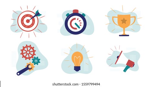 Set of vector illustrations for describe business processes, for design websites. Goal, a target with an arrow, idea, light bulb, megaphone, gears and wrench, stopwatch, champion cup. Flat style