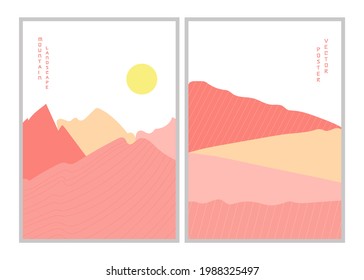 Conjunto de ilustraciones vectoriales de afiches de paisajes desérticos. Antecedentes geométricos al estilo japonés asiático. Símbolo abstracto para impresión, afiche, pegatina, diseño de tarjeta. 