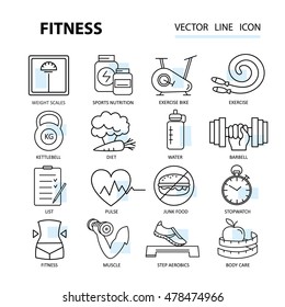 Set of vector illustrations for design fitness and sports clubs. Healthy lifestyle and diet of modern linear icons.