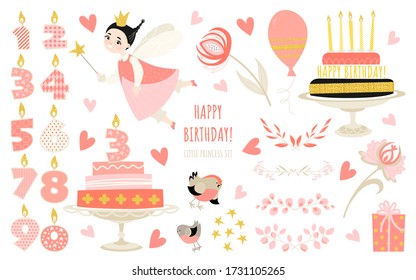 Set of vector illustrations for the design of greeting cards or banners for the birthday of a girl with a cute little fairy, cakes, candles and other accessories. Flat style images