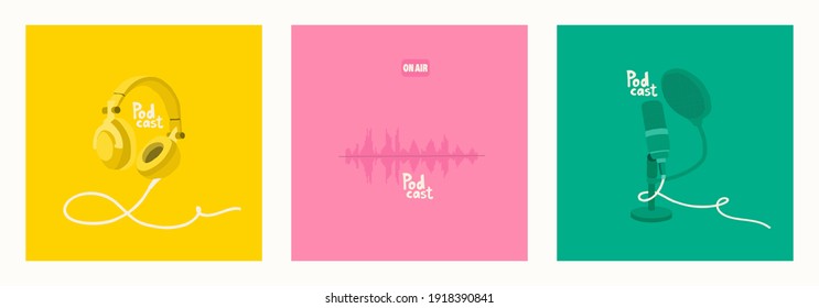 Set of vector illustrations for the design of podcast broadcasts. Studio microphone on a stand, headphones, soundtrack. Perfect for a podcast blog. EPS 10 - Shutterstock ID 1918390841