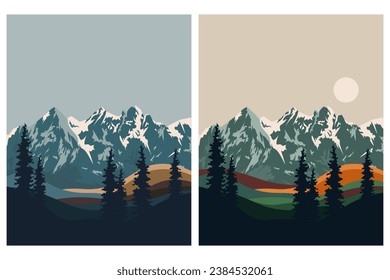 Satz von Vektorgrafiken. Design für Poster, Banner, Karten, Cover. Naturlandschaft, Wald, Berge. Vertikale Poster.