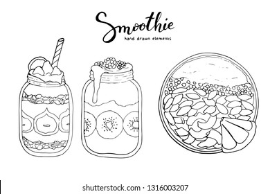 Set of vector illustrations Detox smoothie and bowl. Collection of hand drawn cups, mugs and glasses with healthy summer cocktails. Black outline stains isolated on white background.