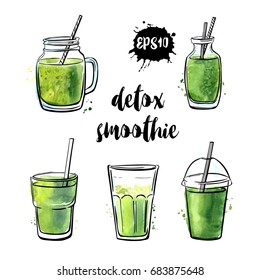 Set of vector illustrations Detox smoothie. Collection of hand drawn cups, mugs and glasses with healthy summer cocktails. Black outline and green watercolor stains  isolated on white background.