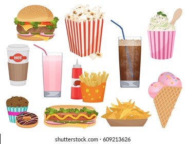 The set of vector illustrations of the different appetizing fast food. Fast food icons menu set.