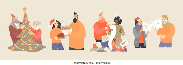 Set of vector illustrations of different couples preparing for Christmas.Elderly people decorating a Christmas tree, young people with food, preparing gifts and singing Christmas songs.