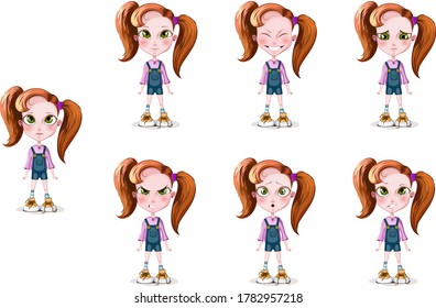 Set of vector illustrations of different emotions of a little girl with big green eyes and red hair