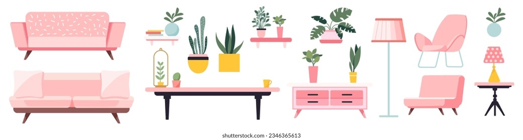 Conjunto de ilustraciones vectoriales. Los diferentes muebles del vestíbulo son de color rosa. Sofá, sillón, flores, mesa, estanterías, iluminación. Mobiliario de fondo blanco. Ilustración del vector