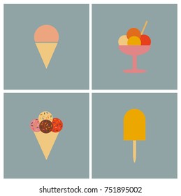 A set of vector illustrations of different ice creams on blue background
