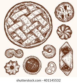 Set of vector illustrations - different kinds of cookies and cakes, isolated. Hand drawn detailed drawing in vintage style. Apple pie, bagel, star cookie, swirls, pretzel cookie.