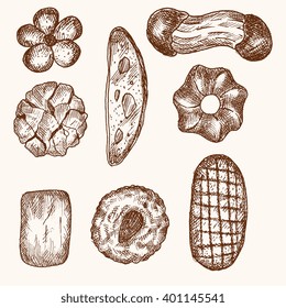 Set of vector illustrations - different kinds of cookies and cakes, isolated. Hand drawn detailed drawing in vintage style. Italian cookies, biscotti, biscuit, bakery goods.