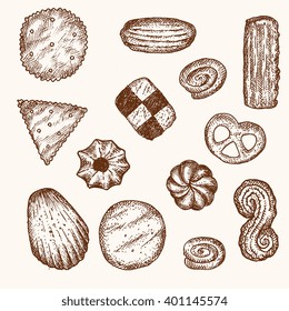 Set of vector illustrations - different kinds of cookies and cakes, isolated. Hand drawn detailed drawing in vintage style. Cracker, biscuit, swirls, shall shaped cookie, domino cookie.