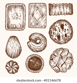 Set of vector illustrations - different kinds of cookies and cakes, isolated. Hand drawn detailed drawing in vintage style. Stamp cookies, almond cookie, bakery goods.