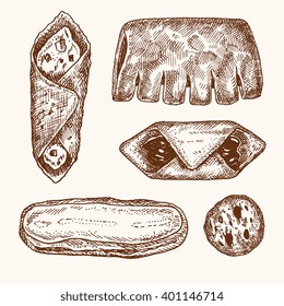 Set of vector illustrations - different kinds of  cakes, isolated. Hand drawn detailed drawing in vintage engraving style. Italian and french desserts, bakery goods.