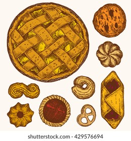 Set of vector illustrations - different kinds of cookies and cakes, isolated. Hand drawn detailed drawing in vintage style. Apple pie, bagel, star cookie, swirls, pretzel cookie.
