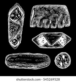 Set of vector illustrations - different kinds of cakes, isolated. Hand drawn detailed drawing in vintage engraving style on black background. Italian and french desserts, bakery goods.

