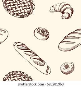 Set of vector illustrations - different kinds of cookies and cakes, seamless background. Hand drawn detailed drawing in vintage style.