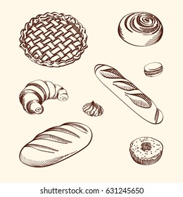 Set of vector illustrations - different kinds of cookies and cakes, on a beige background. Hand drawn detailed drawing in vintage style.