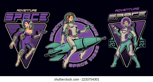 Set of vector illustrations with different pin up girls astronauts, these designs can be used as t-shirt prints