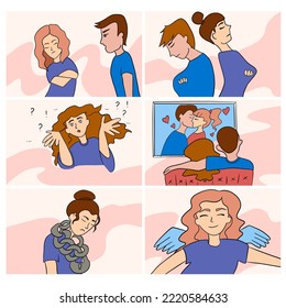 Set of vector illustrations of different psychological situations between people