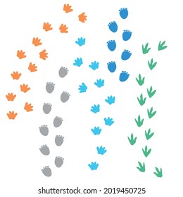 Set of vector illustrations, different shape colorful dinosaur foot prints tracks on a white background. Great for boys and kids designs