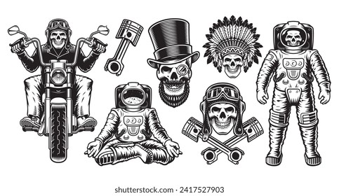 a set of vector illustrations with different skeletons characters such as a biker, astronaut, chief and etc.