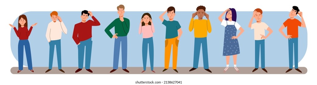 A set of vector illustrations of different thinking people in a flat style. A collection of various men and women in full growth.