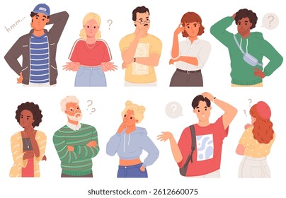 Set of vector illustrations of different thoughtful people. Collection of different men and women thinking or making decisions. Puzzled, surprised emotions of people isolated on white background.