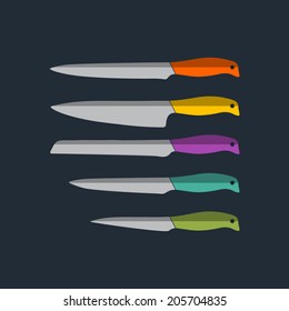 Set of vector illustrations of different type of knives. Big or small knife made of steel, iron with sharp and shiny blade and orange, yellow, violet, green hold.