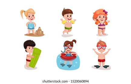 Set Of Vector Illustrations With Different Types Of Children Resting at Beach