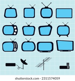 Set of vector illustrations, different types of TVs and antennas of different eras.