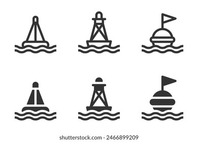 Conjunto de Ilustraciones vectoriales de diferentes tipos de boyas marinas en un sencillo diseño en blanco y negro.