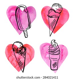 Set of vector illustrations of different types of ice cream on bright colorful watercolor hearts. Black sketchy outlines on pink paper textured background.