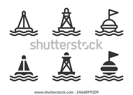 Set of vector illustrations of different types of marine buoys in a simple black and white design.