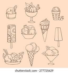 Set of vector illustrations of different varieties of ice cream. Outline drawing