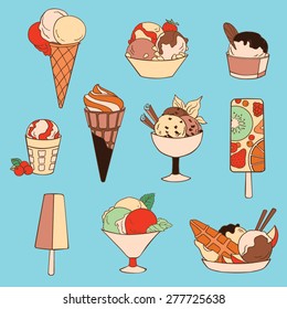 Set of vector illustrations of different varieties of ice cream