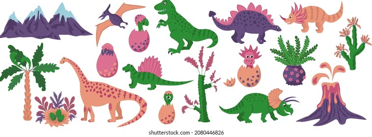 Set of vector illustrations. Dinosaurs, baby dinosaurs, prehistoric plants.