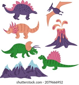Set of vector illustrations. Dinosaurs and mountains.