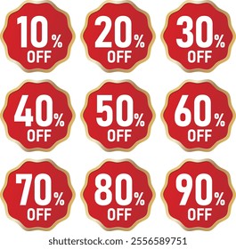 Set of vector illustrations of discount marks,10%OFF,20%OFF,
30%OFF,40%OFF,50%OFF,60%OFF,70%OFF,80%OFF,90%OFF,