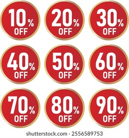 Set of vector illustrations of discount marks,10%OFF,20%OFF,
30%OFF,40%OFF,50%OFF,60%OFF,70%OFF,80%OFF,90%OFF,