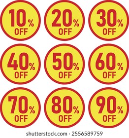 Set of vector illustrations of discount marks,10%OFF,20%OFF,
30%OFF,40%OFF,50%OFF,60%OFF,70%OFF,80%OFF,90%OFF,