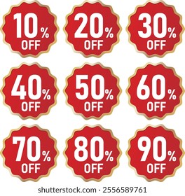 Set of vector illustrations of discount marks,10%OFF,20%OFF,
30%OFF,40%OFF,50%OFF,60%OFF,70%OFF,80%OFF,90%OFF,