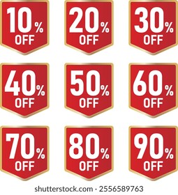 Set of vector illustrations of discount marks,10%OFF,20%OFF,
30%OFF,40%OFF,50%OFF,60%OFF,70%OFF,80%OFF,90%OFF,