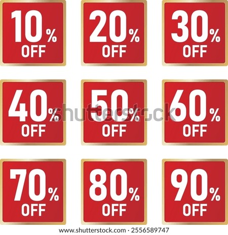 Set of vector illustrations of discount marks,10%OFF,20%OFF,
30%OFF,40%OFF,50%OFF,60%OFF,70%OFF,80%OFF,90%OFF,