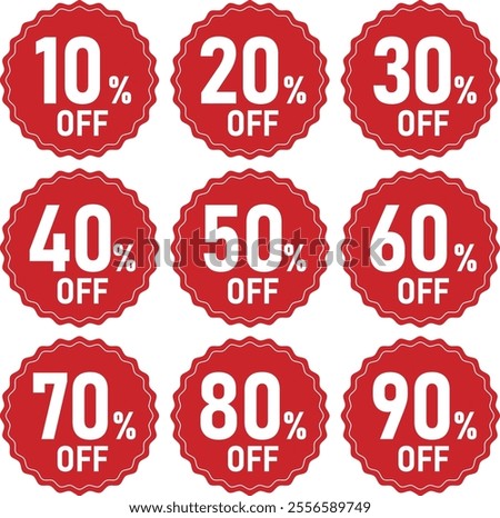Set of vector illustrations of discount marks,10%OFF,20%OFF,
30%OFF,40%OFF,50%OFF,60%OFF,70%OFF,80%OFF,90%OFF,