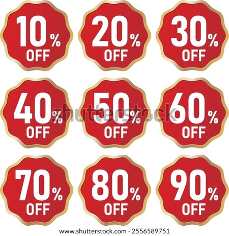 Set of vector illustrations of discount marks,10%OFF,20%OFF,
30%OFF,40%OFF,50%OFF,60%OFF,70%OFF,80%OFF,90%OFF,